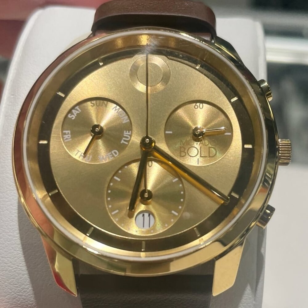 MOVADO BOLD 3601029 TREND GOLD CHRONOGRAPH DIAL BROWN LEATHER STRAP MENS WATCH